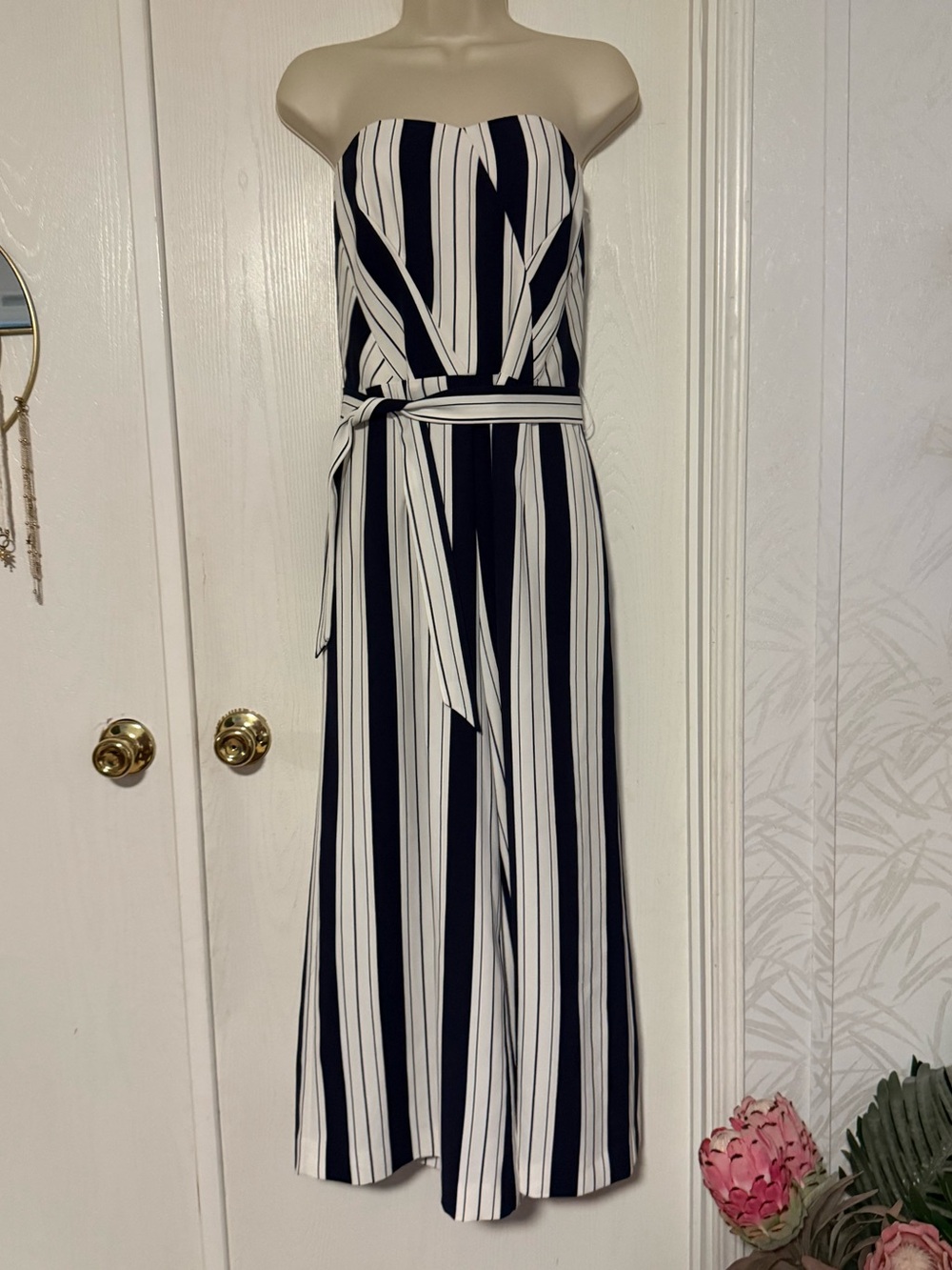 Striped Strapless Wide-Leg Jumpsuit in Navy & Cream